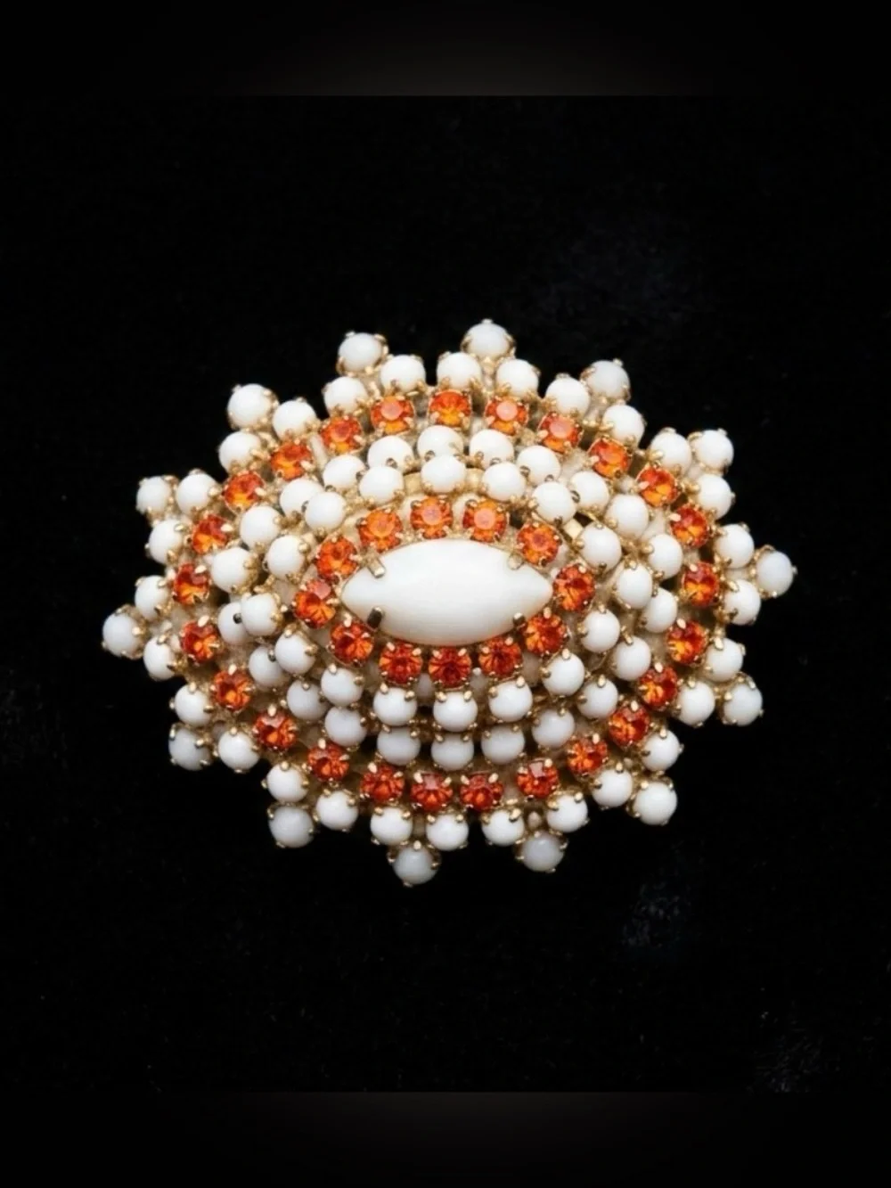 #272 Vintage Milk Glass & Rhinestone Brooch